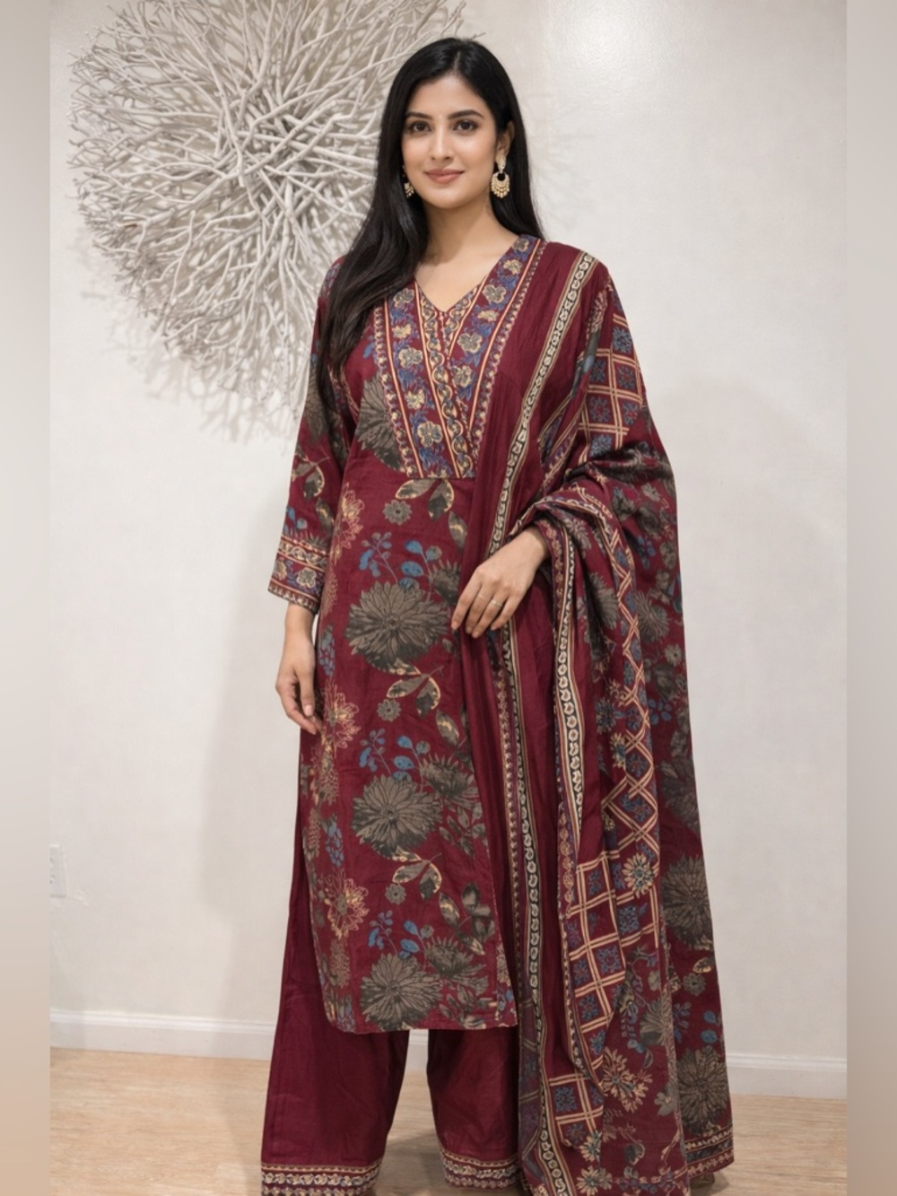 Maroon Floral Printed Salwar Kameez Set